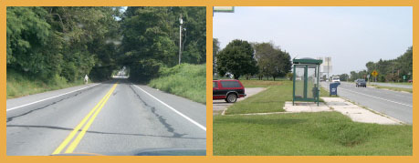 A road and a bus stop collage